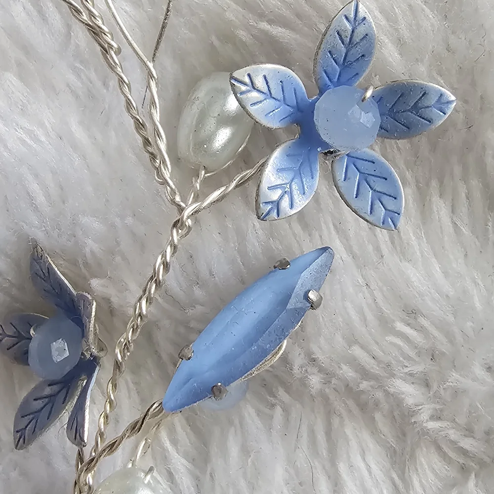 Handmade Dusty Blue, Pearl and Silver Floral Hair Vine